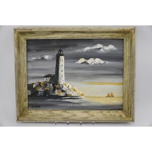 Original Painting Signed Berta Gross 1965 Lighthouse 16"x12", 18.5"x14.5" Framed